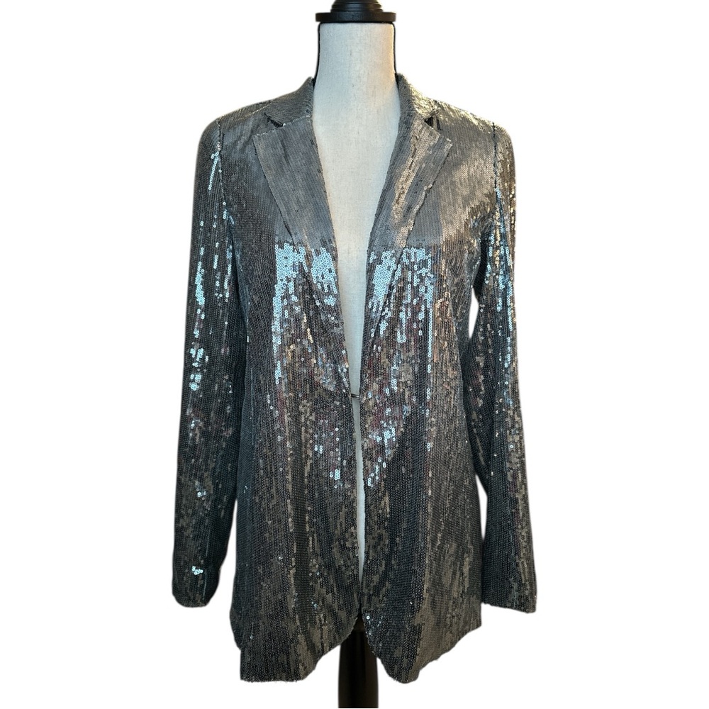 A New Day Silver Blue Sequin Open Front Blazer Party Jacket | XS/S